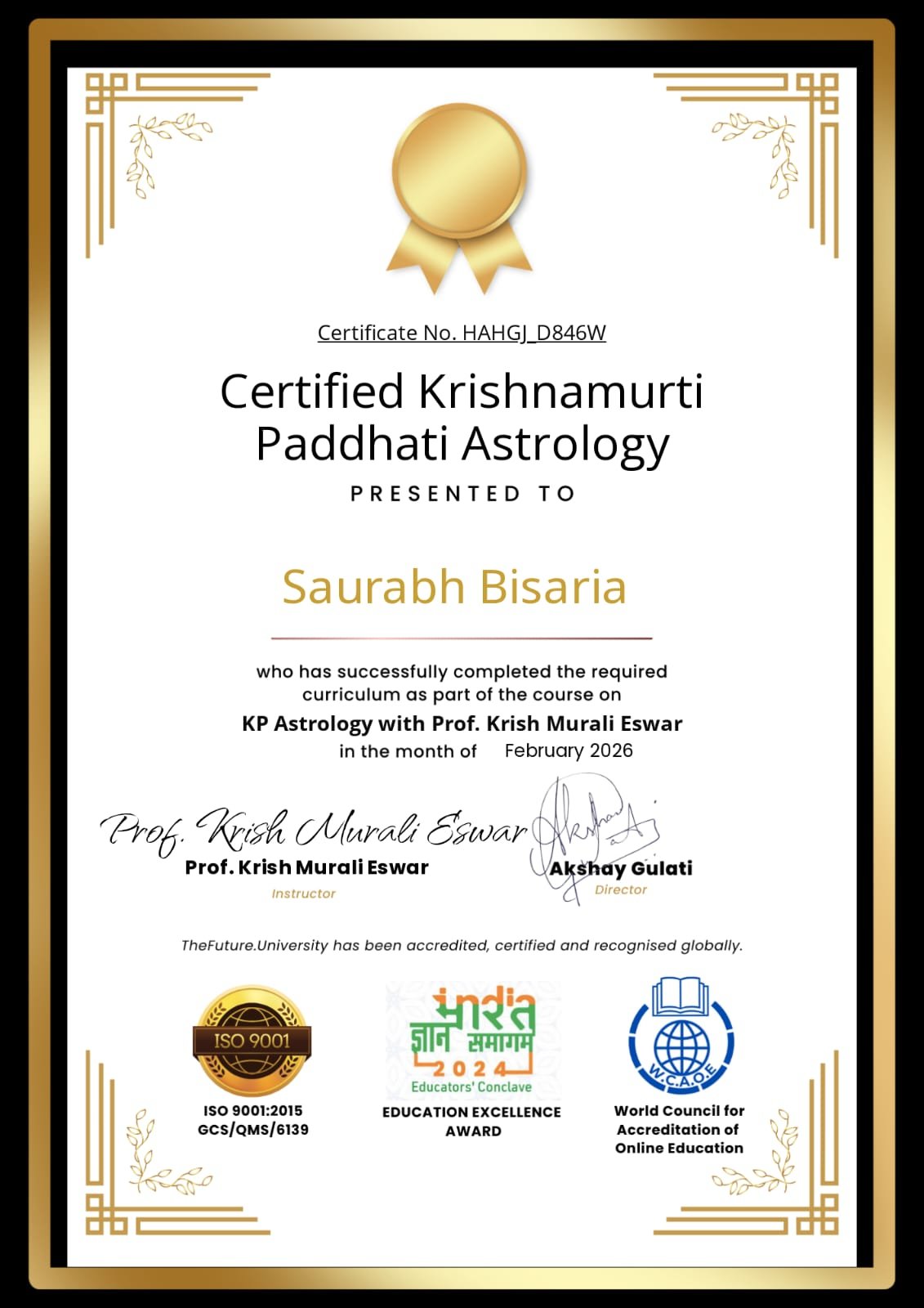 Krishnamurti Paddhati Astrology certificate issued by TheFuture.University, February 2026